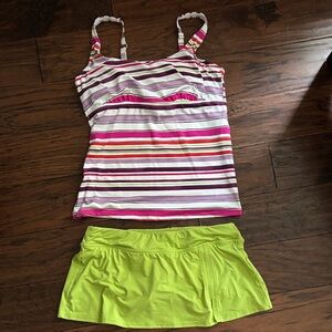 Lands' End Pink/Multi color Striped Tank and Lime Super Mini Skirt Set